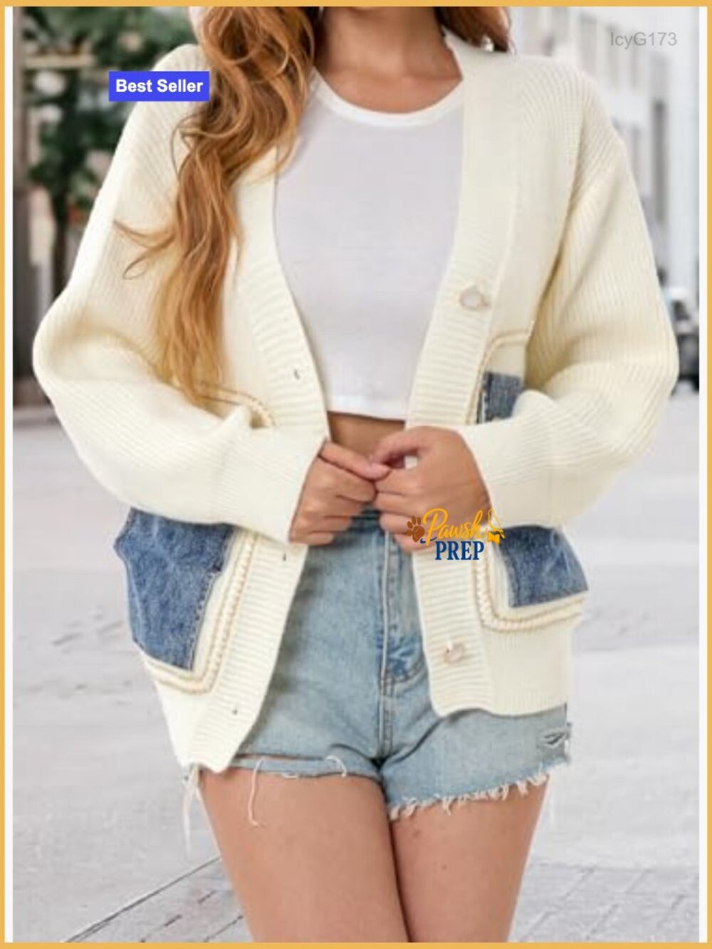 Open Front Patchwork Cardigan Sweater with Denim Pockets V Neck Button Down - Picture 2 of 7